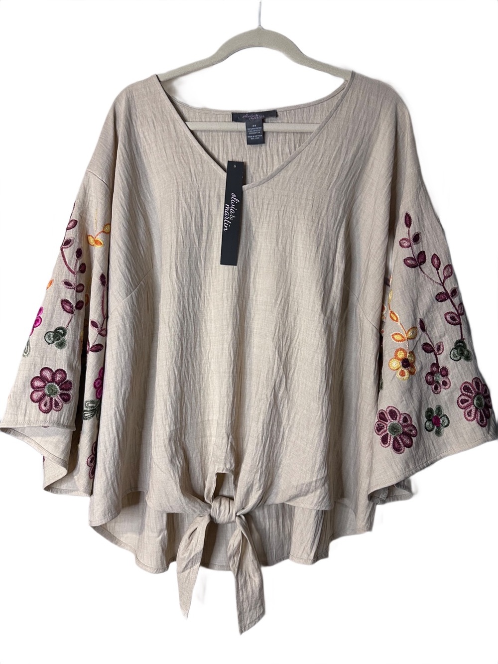 Olivia & Martin Embroidered Tie-Front V-Neck Blouse in Beige, 2X NWT